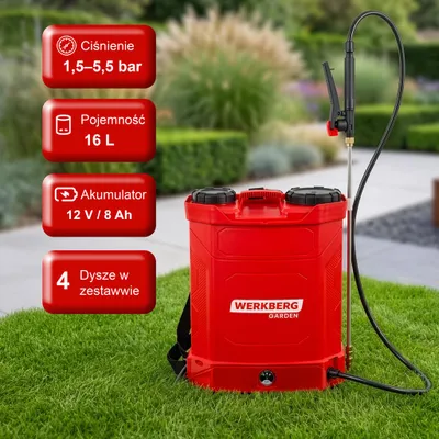 Zdjęcie produktu dla Opryskiwacz akumulatorowy ciśnieniowy Werkberg Garden plecakowy elektryczny 16l lanca 101cm