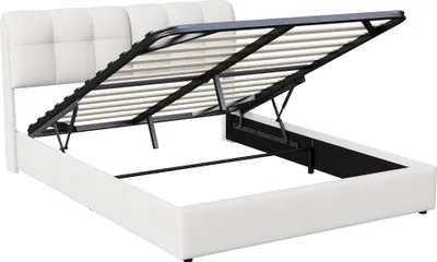 Immagine prodotto di UnboxG Letto imbottito con LED, letto a molle idrauliche 160x200cm con rete a doghe e contenitore, letto matrimoniale in legno letto per ragazzi in Pelle finta, beige