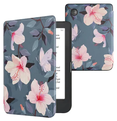Produktbild von kwmobile Schutzhülle für Kobo Clara 2E / Tolino Shine 4 Hülle - eReader Flip Case mit Auto Sleep Funktion - Weiß-Rosa Fuchsien-Blüten mit Weiß Rosa