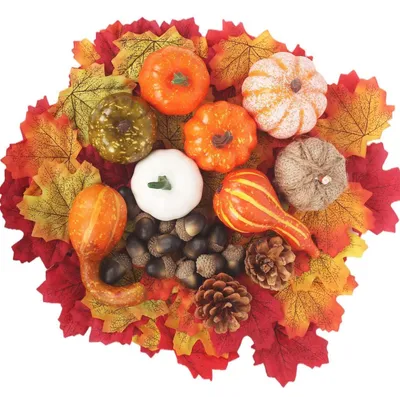 Produktbild von Herbst Tischdekoration Set 123 Stück Künstliche Kürbisse Eicheln Tannenzapfen Blätter Deko