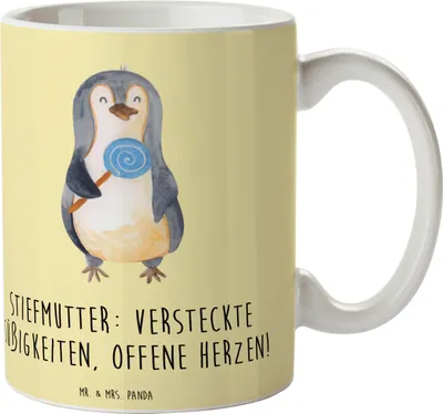 Produktbild von Mr. & Mrs. Panda Kaffeebecher Stiefmutter Herzen - Gelb Pastell - Geschenk, Pott, Handarbeit, Herz, Tasse mit Spruch, Teetasse, Bonusmutter, Kaffeetasse, Familie, Humor