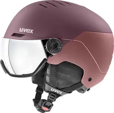 A studio shot of a ski helmet with a visor.
