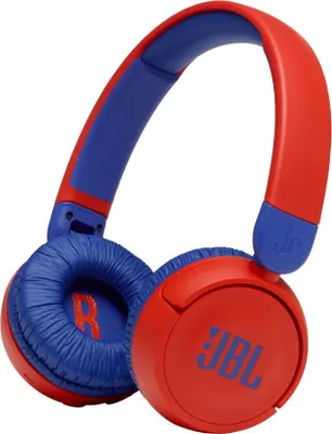 A pair of red and blue JBL headphones is shown against a white background.
