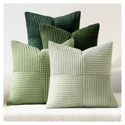 Produktbild von 4er Set Kissenbezüge 40x40 cm Kordsamt Patchwork Grün Dekokissenhüllen für Sofa und Schlafzimmer