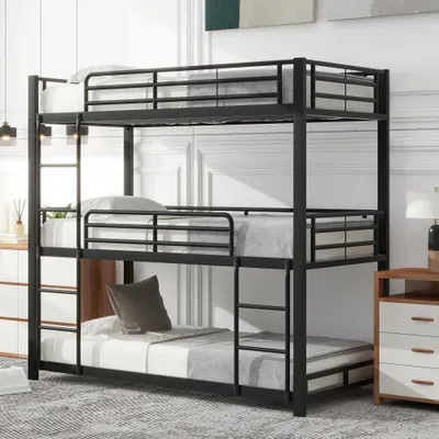 Image de AIORBER Lit superposé triple, 90x200 cm, avec échelle, étage supérieur avec garde-corps, jusqu'à 120kg, cadre en acier,lit superposé avec sommier à lattes,pour jeunes enfants,noir