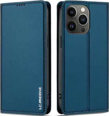 Image de Etui magnétique en cuir pour iPhone 13 Pro, avec fente pour cartes et fonction stand Bleu