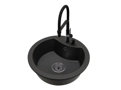 Produktbild von Mila Einbecken-Granitspüle mit Küchenarmatur Venice Schwarz, manuellem Siphon Schwarz und Spülmittelspender