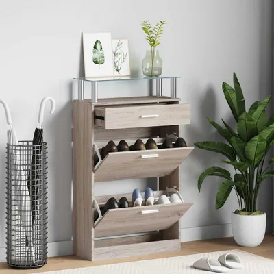 Immagine prodotto di vidaXL Scarpiera con cassetto e ripiano superiore in vetro in legno effetto rovere