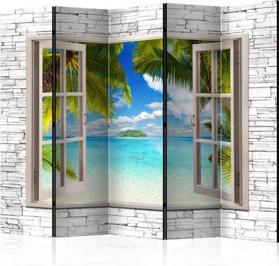 Produktbild von Neuheit! Dekorativer Paravent Raumteiler Trennwand Foto-Paravent Spanische Wand XXL Strand Ozean Palme Blau Grün 225x172 cm c-C-0090-z-c