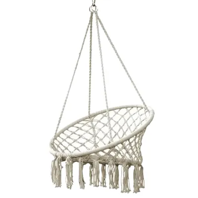 Produktbild von Hängesessel Makramee Hängestuhl Boho 80x60 cm Ecru – handgefertigter Baumwoll-Hängesitz mit Stahlrahmen, belastbar bis 120 kg, Indoor & Outdoor, SASKA GARDEN