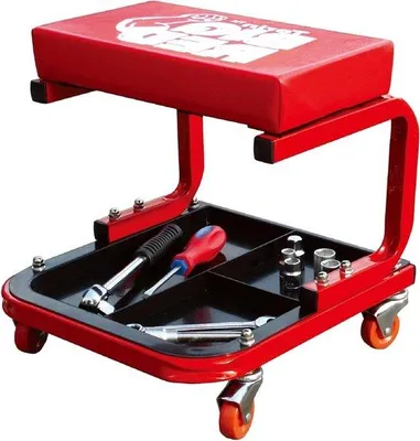 Image de Siège à roulettes pour atelier - Tabouret de montage pour garage - Outil automobile - Capacité de charge de 113 kg - Rouge - Métal