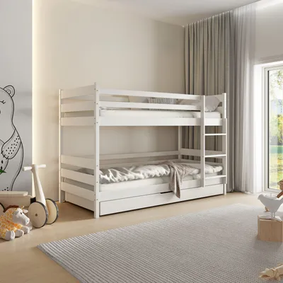 A white wooden bunk bed with a pull-out drawer is shown in a child's bedroom.