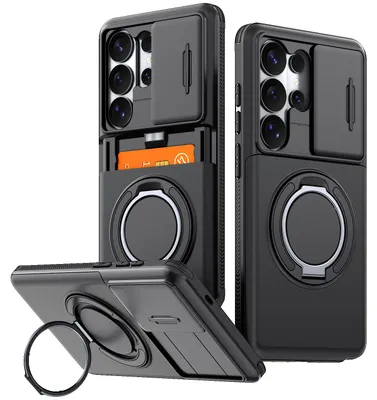 Produktbild von Handyhülle mit Kartenfach für Samsung Galaxy S26 Ultra, Schiebe Kameraschutz, Ringhalter Ständer, Stoßfeste Schutzhülle Schwarz