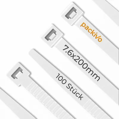 Produktbild von PACKIVO Kabelbinder Schwarz 100 Stück, 40KG Zugfestigkeit - 200mm x 7,6mm, Weiß