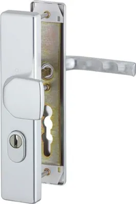 A close-up view of a silver door handle set with a keyhole.