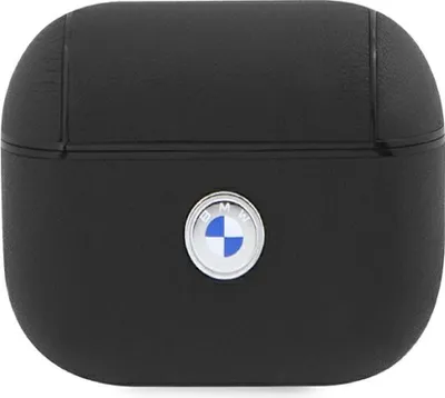 A black AirPods Pro case with a silver BMW logo on the front.