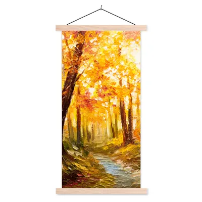 Produktbild von MuchoWow® Textilposter Gemälde - Herbst - Wald - Ölgemälde 40x80 cm mit holzfarbenen Rahmen - Wohnzimmer