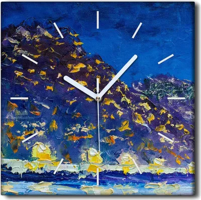 Produktbild von Coloray Uhr auf Leinwand 30x30 cm Wand Uhr Dekoration Wohnzimmer Segeltuch weiße Zeiger -Nachtdorf Bergbucht