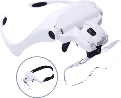 Produktbild von LED-Kopfbandlupen, verstellbar mit 2 Lichtern, ideal für Reparaturen und Detailarbeiten, inkl. 5 Linsen.