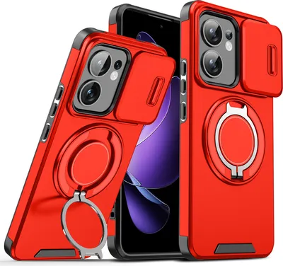 Image de Etui double couche pour Oppo Reno13 F, avec couvercle coulissant pour l'appareil photo et anneau magnétique Rouge