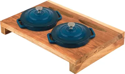 Produktbild von XANTEN Mini-Topf-Set, Durchmesser: 13 x 10 cm, Gusseisen, petrol, inkl. Birkenholz-Tablett für 2 Mini-Töpfe