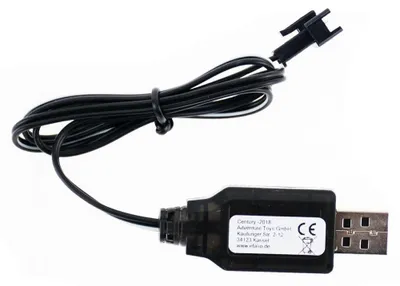 A black USB charging cable with a connector for a toy.