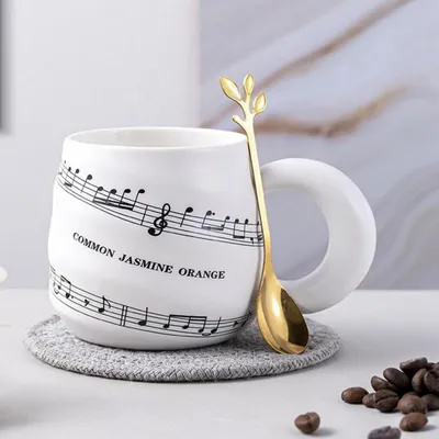 Immagine prodotto di Tazza da caffè con cucchiaino, motivo musicale, 350 ml, bianca, in Vetroceramica
