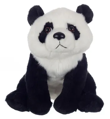 A plush panda toy sitting on a white background.