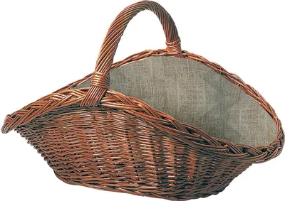 A brown wicker basket with a gray fabric lining, shown against a white background.