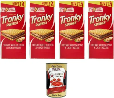 Produktbild von Tronky Sandwich Crispy Wafer mit Kakao- und Haselnussfüllung 4x220gr +Italian Gourmet polpa 400g