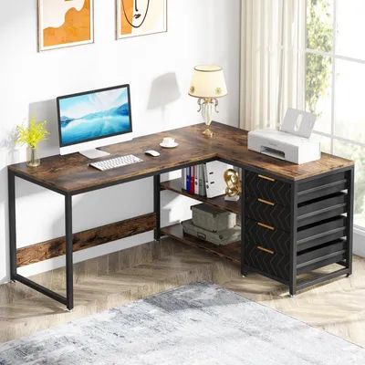 Obrázok produktu pre L-tvarový písací stôl so 4 zásuvkami a 2 policami, otočný, hnedý, 150x110x75 cm