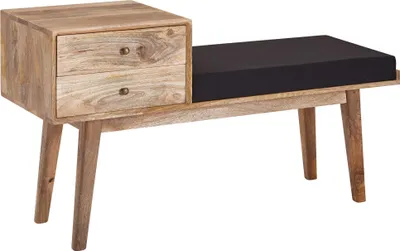 Sitzbank Retro mit Holzgestell, zwei Schubladen und schwarzem Polstersitz in Gesamtansicht.