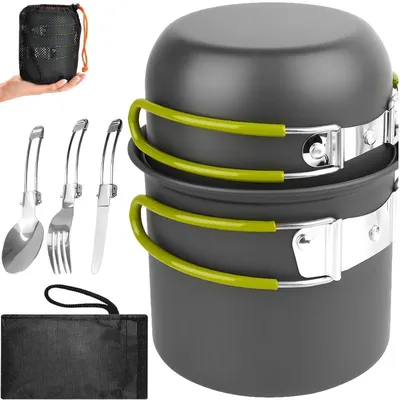 Image de Ensemble de vaisselle de camping en aluminium, 6 pièces, pour 1 à 2 personnes, avec couverts pliables