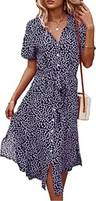 Image de ASKSA Femme Fleurs Robe d'été Polka Dots Robe décontractée, Bleu foncé, XL