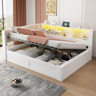 Produktbild von Flieks Jugendbett Tagesbett mit Led, Hydraulisches Holzbett Schlafsofa 140x200cm mit USB, Doppelbett Stauraumbett mit Ablagen, Weiß