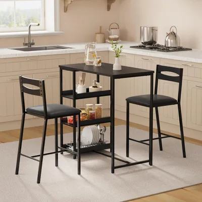 Produktbild von Essgruppe 3-teilig Esstisch mit 2 Stühlen Metall Holz Schwarz Kunstleder