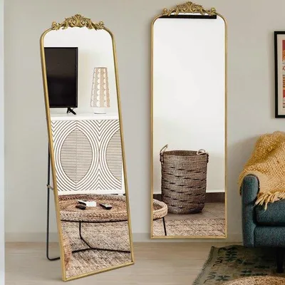Productafbeelding van SnelShoppen - Vintage Staande Spiegel Volledige Lengte 147 x 44 cm met Versierde Hars Applicatie, Vrijstaand & Wandmontage, Gehard Glas, Perfect voor
