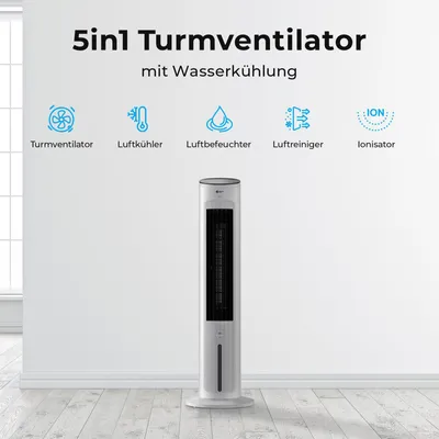 Produktbild von Balter 5in1 Turmventilator mit Fernbedienung, Leiser Standventilator, Wasserkühlung, Oszillation, Luftbefeuchter, Luftreiniger, Ionisator, Timer, weiß