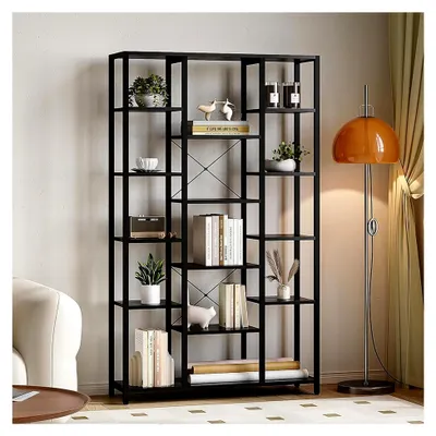 Produktbild von Bücherregal, Standregal mit 6 Ebenen und 15 Ablagen, Verstellbare offene Ablagen, für Wohnzimmer, Büro, Schlafzimmer, 30 x 100 x 170 cm, Schwarz mit Holzmaserung