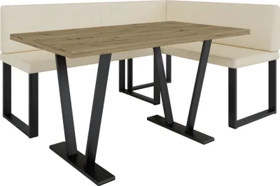 Image de Banquette d'angle AKIKO METAL avec table 196x142 droite - Ensemble de banquettes d'angle pour votre salle à manger, cuisine moderne, coin salon, coin repas. Parfait pour la cuisine, le bureau et la réception
