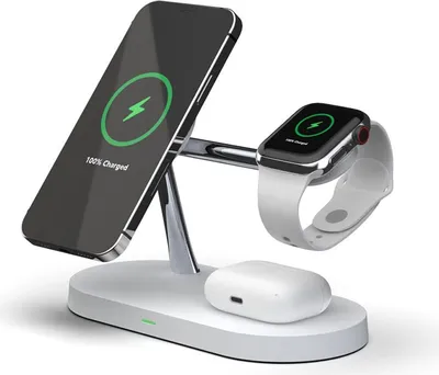 A white charging station with a smartphone, smartwatch, and earbuds case.