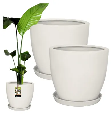 Produktbild von ® 2er Set Pflanzentopf mit Untersetzer Weiß ⌀ 38 cm Höhe: 33 cm Glasierte Keramik Blumentopf Groß Plant Pot Kaktus Topf Übertopf Blumentöpfe
