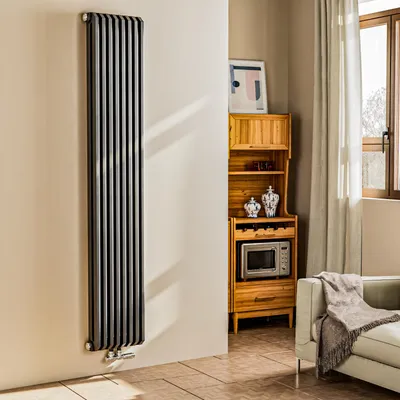 A modern living room with a vertical radiator, wooden cabinet, and sofa.
