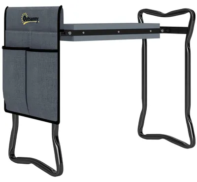 Immagine prodotto di Panca pieghevole da giardino con poggiagomiti e tasca porta-attrezzi | Colore: Grigio | Dimensioni: 28x58x49 cm