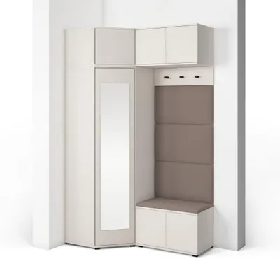 Produktbild von Garderoben-Set Napoli Version 19: Eckschrank mit Polsterpaneelen, Schuhschrank und Schrankaufsatz Flur und Eingangsbereich (Cashmere/Trinity 05)