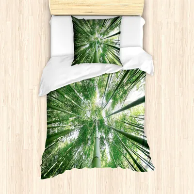 Produktbild von ABAKUHAUS Bambus Bettbezug Set, Tropischer Regenwald Hohe Bambusbäume Im Exotischen Asiatischen Art Natur Zen Thema Bild, 135 x 200 cm + 80 x 80 cm, Grün