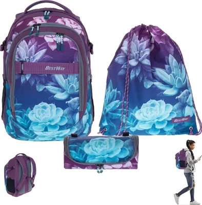 Produktbild von Schulrucksack Mädchen 3 Teile Set Bestway Evolution Packer Schulmappe Rucksack Schultasche Tasche 40177-5821 Sportbeutel, Mäppchen Dark Flower Lila +rsm