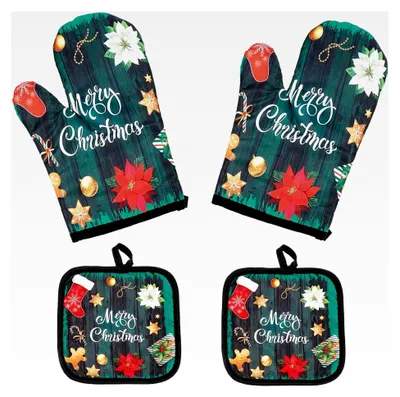 Produktbild von 4er Set Ofenhandschuhe für Weihnachten, rutschfeste Grillhandschuhe mit Topfmatte, hitzebeständig zum Backen, Kochen und Grillen