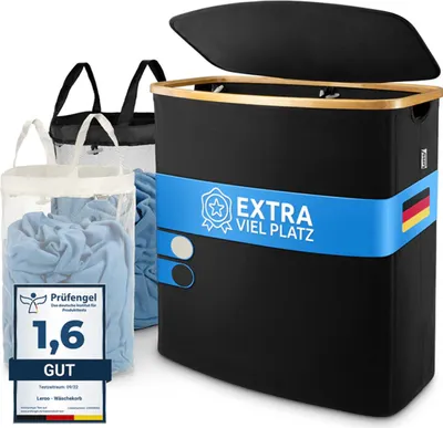 Produktbild von Hochwertiger Wäschekorb schwarz 140 L atmungsaktiver Stoff 2 Fächer