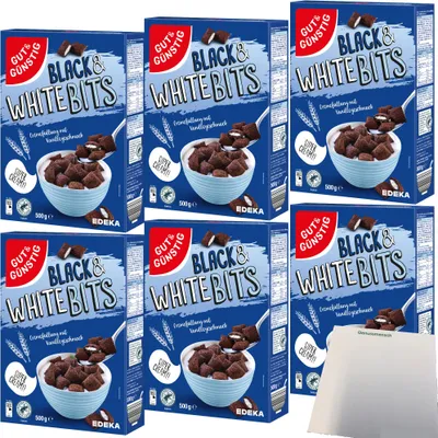 Produktbild von Gut & Günstig Black & White Bits Kakao-Getreidekissen mit Cremefüllung 6er Pack (6x500g Packung) + usy Block